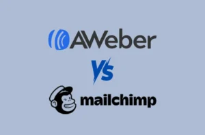 AWeber vs Mailchimp logo comparison on a blue background