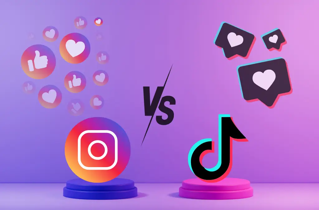 Visual comparison of TikTok Ads vs Instagram Ads with platform logos and engagement icons on a purple gradient background.